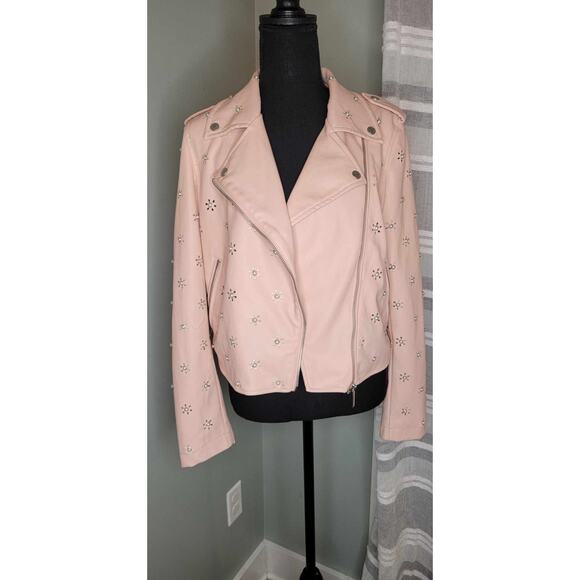 ❤️ Bagatelle Pink Faux Leather Moto Jacket with Pearl Floral Embellishment Small - Picture 1 of 5